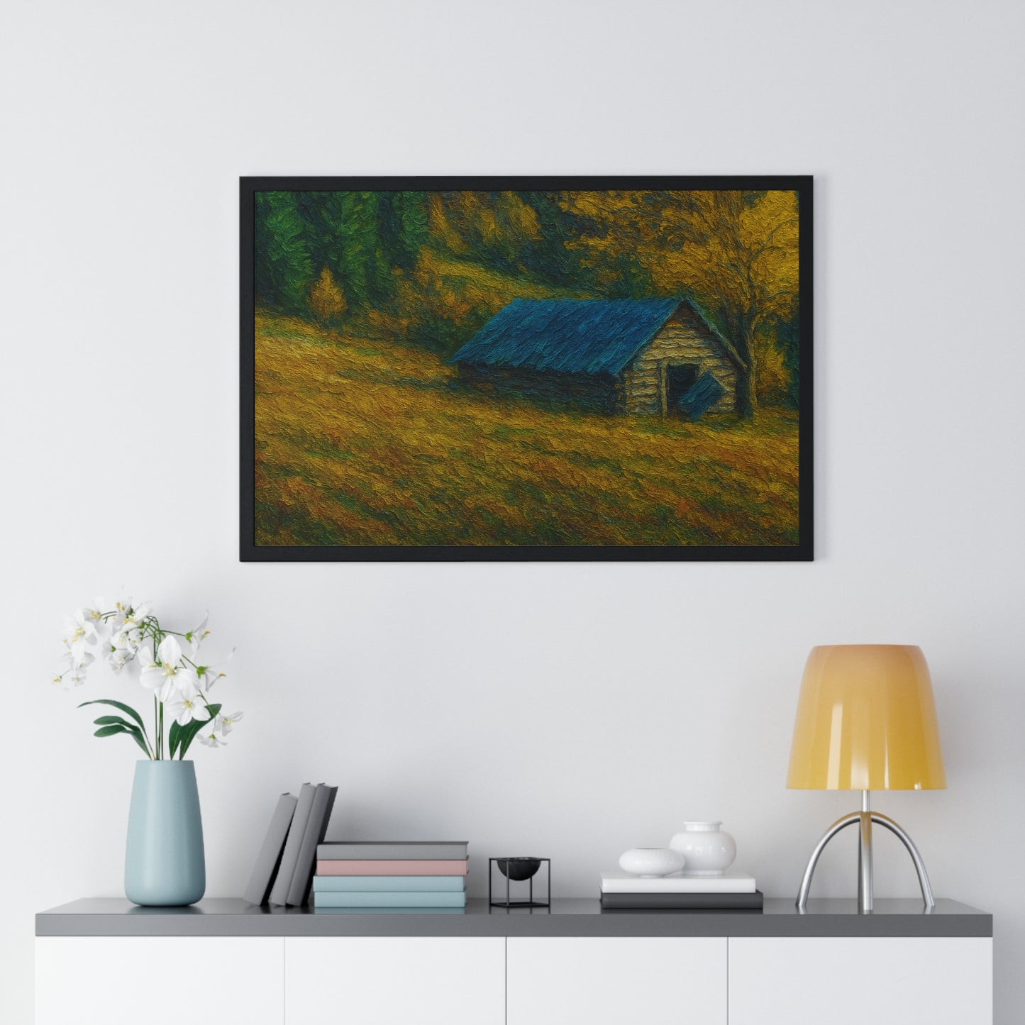 Rustic Cabin Framed Poster, Nature Wall Art, Cozy Home Decor, Gift for Farmhouse Lovers, Autumn Landscape Print