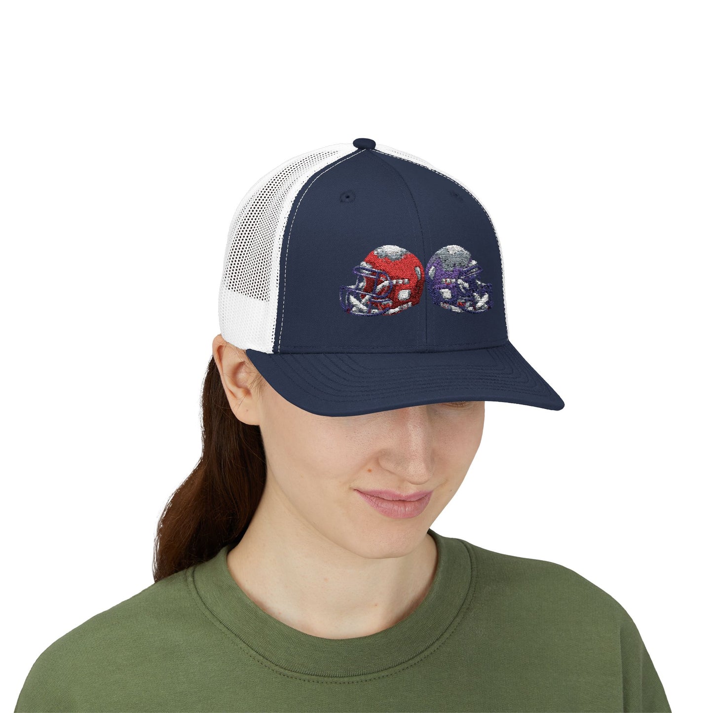Sporty Snapback Trucker Cap with Football Helmets, Baseball Cap, Outdoor Activity Hat, Gift for Sports Fans, Team Spirit Wear