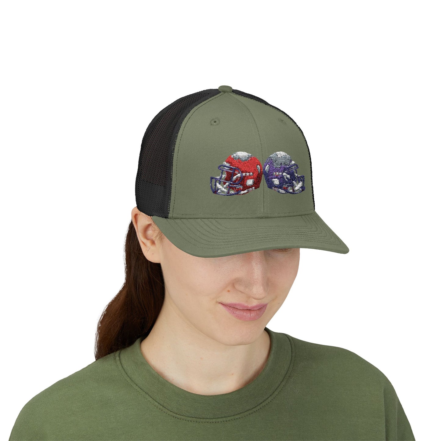 Sporty Snapback Trucker Cap with Football Helmets, Baseball Cap, Outdoor Activity Hat, Gift for Sports Fans, Team Spirit Wear