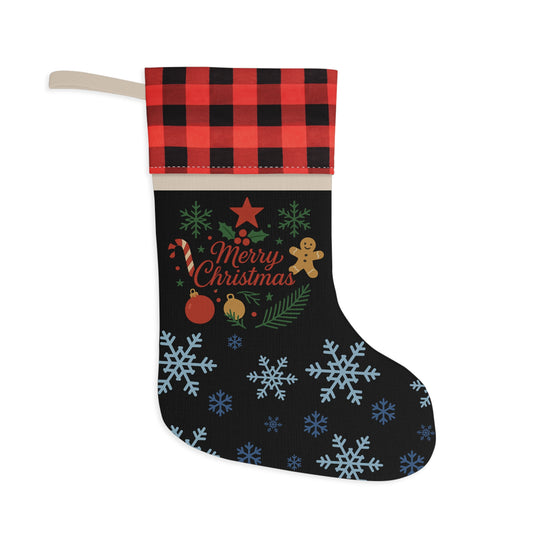 Merry Christmas Ornament & Snowflakes Christmas Stocking | Buffalo Plaid Cuff