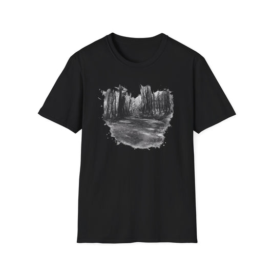 Unisex Softstyle T-Shirt with Abstract Landscape Art, Casual Wear, Gift for Art Lovers, Everyday Fashion, Nature Inspired Tee
