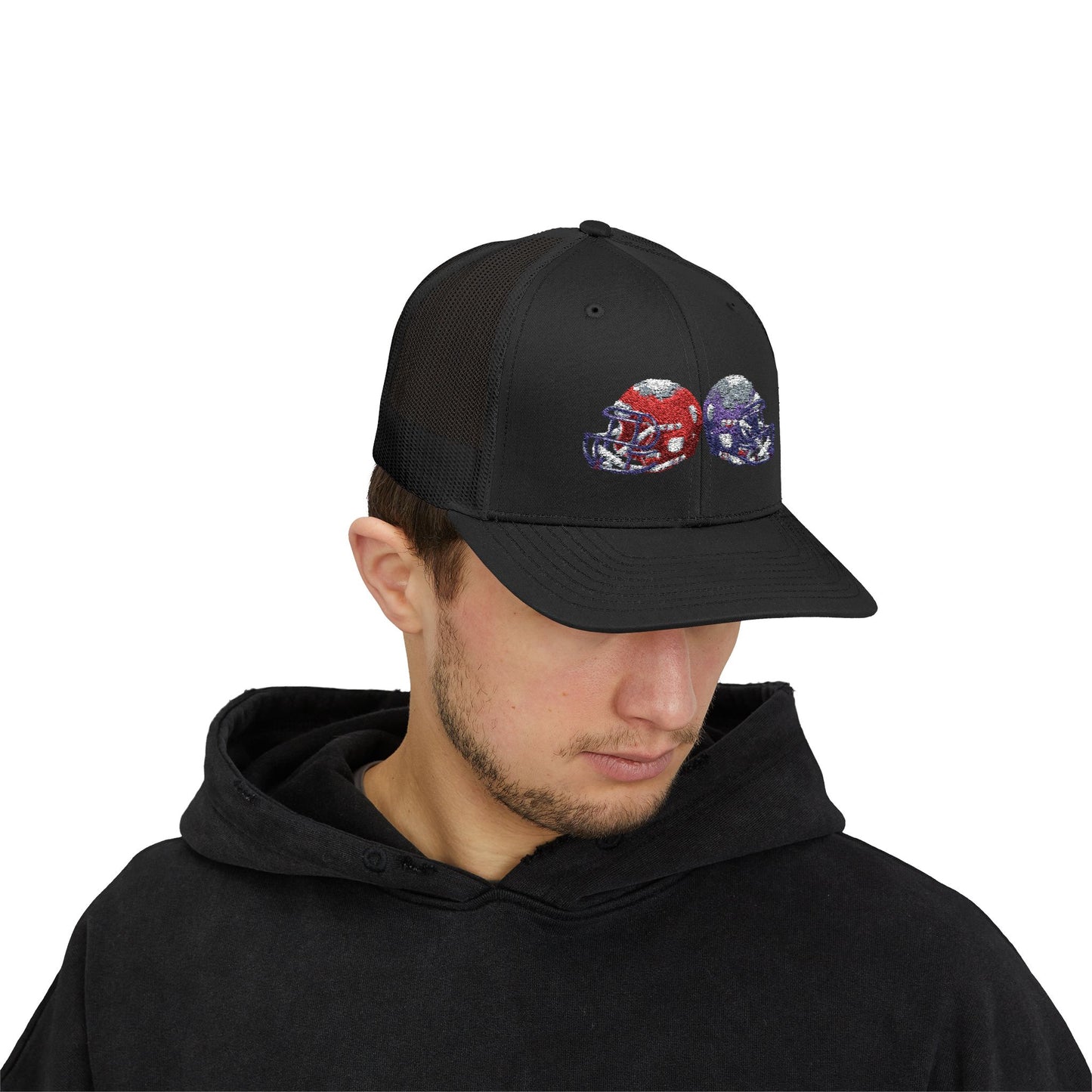 Sporty Snapback Trucker Cap with Football Helmets, Baseball Cap, Outdoor Activity Hat, Gift for Sports Fans, Team Spirit Wear