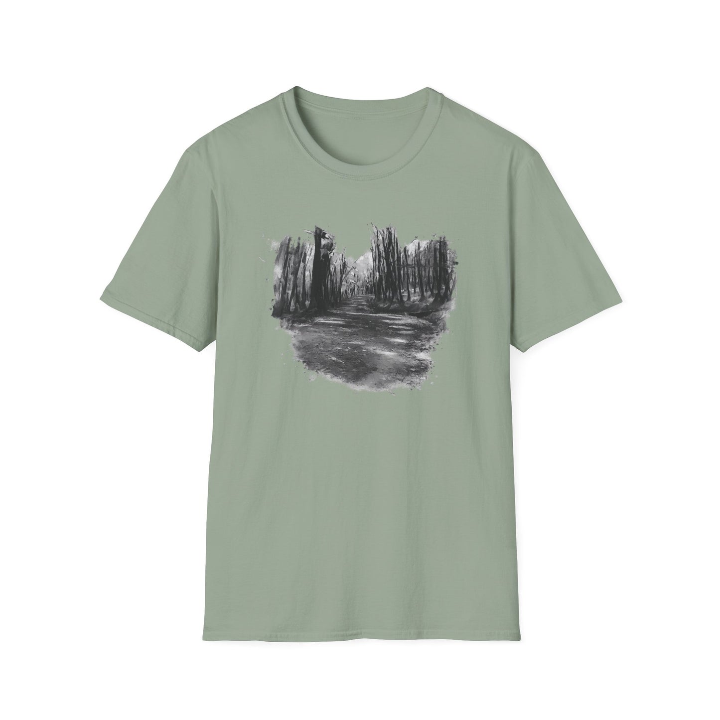 Unisex Softstyle T-Shirt with Abstract Landscape Art, Casual Wear, Gift for Art Lovers, Everyday Fashion, Nature Inspired Tee
