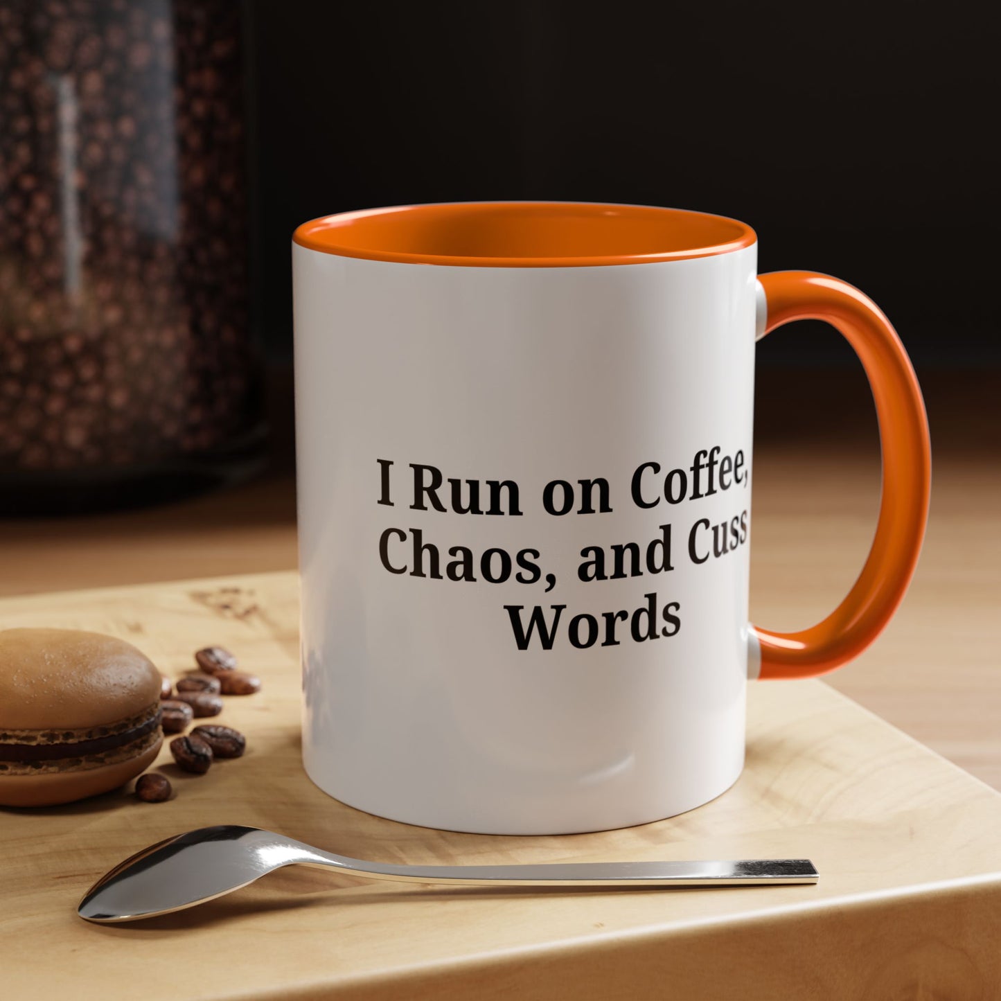 Funny Black Accent Coffee Mug - "I Run on Coffee, Chaos, and Cuss Words" - Ideal Gift for Coffee Lovers
