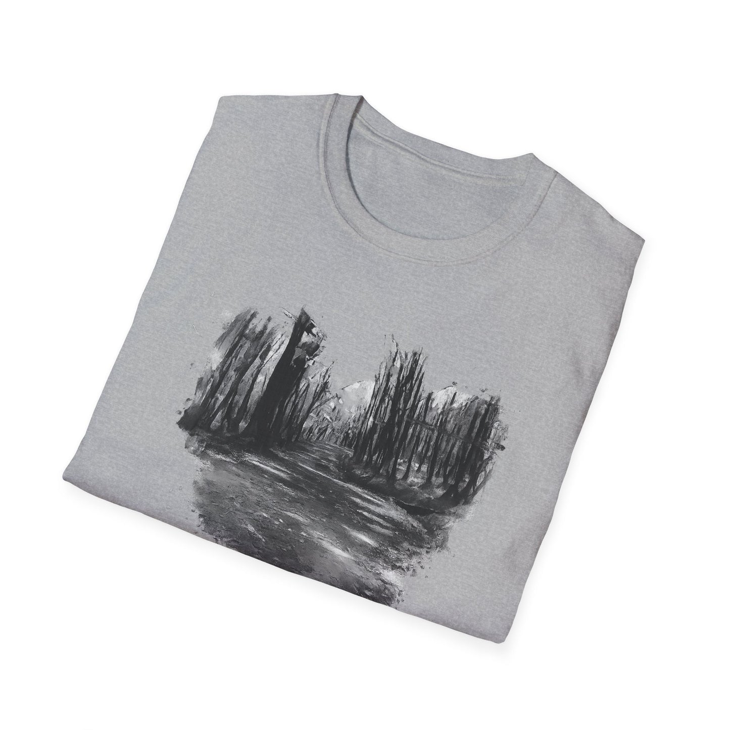 Unisex Softstyle T-Shirt with Abstract Landscape Art, Casual Wear, Gift for Art Lovers, Everyday Fashion, Nature Inspired Tee