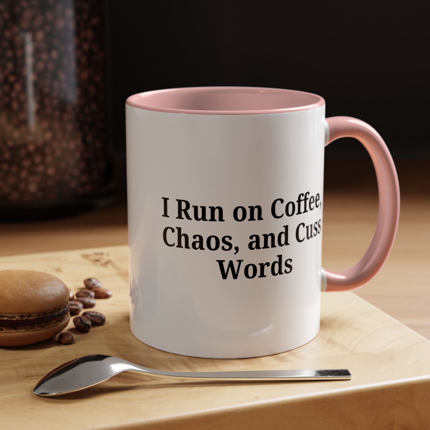 Funny Black Accent Coffee Mug - "I Run on Coffee, Chaos, and Cuss Words" - Ideal Gift for Coffee Lovers