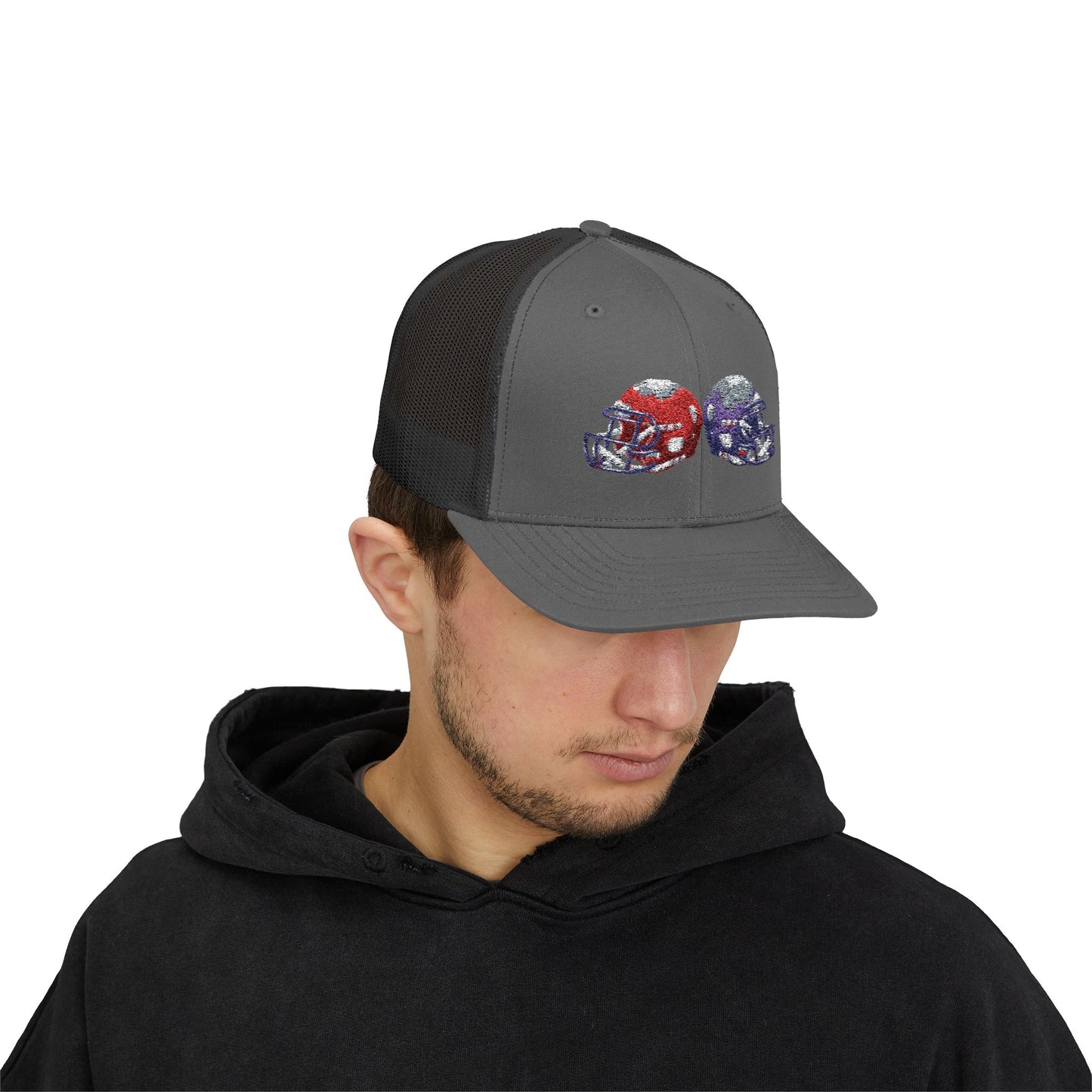 Sporty Snapback Trucker Cap with Football Helmets, Baseball Cap, Outdoor Activity Hat, Gift for Sports Fans, Team Spirit Wear