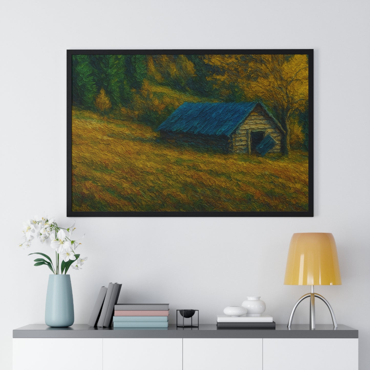 Rustic Cabin Framed Poster, Nature Wall Art, Cozy Home Decor, Gift for Farmhouse Lovers, Autumn Landscape Print
