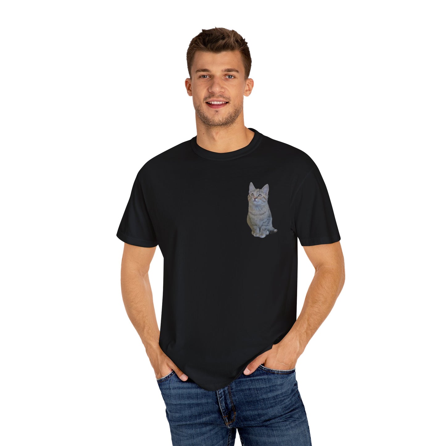 Whimsical Cat Pocket T-Shirt for Cat Lovers