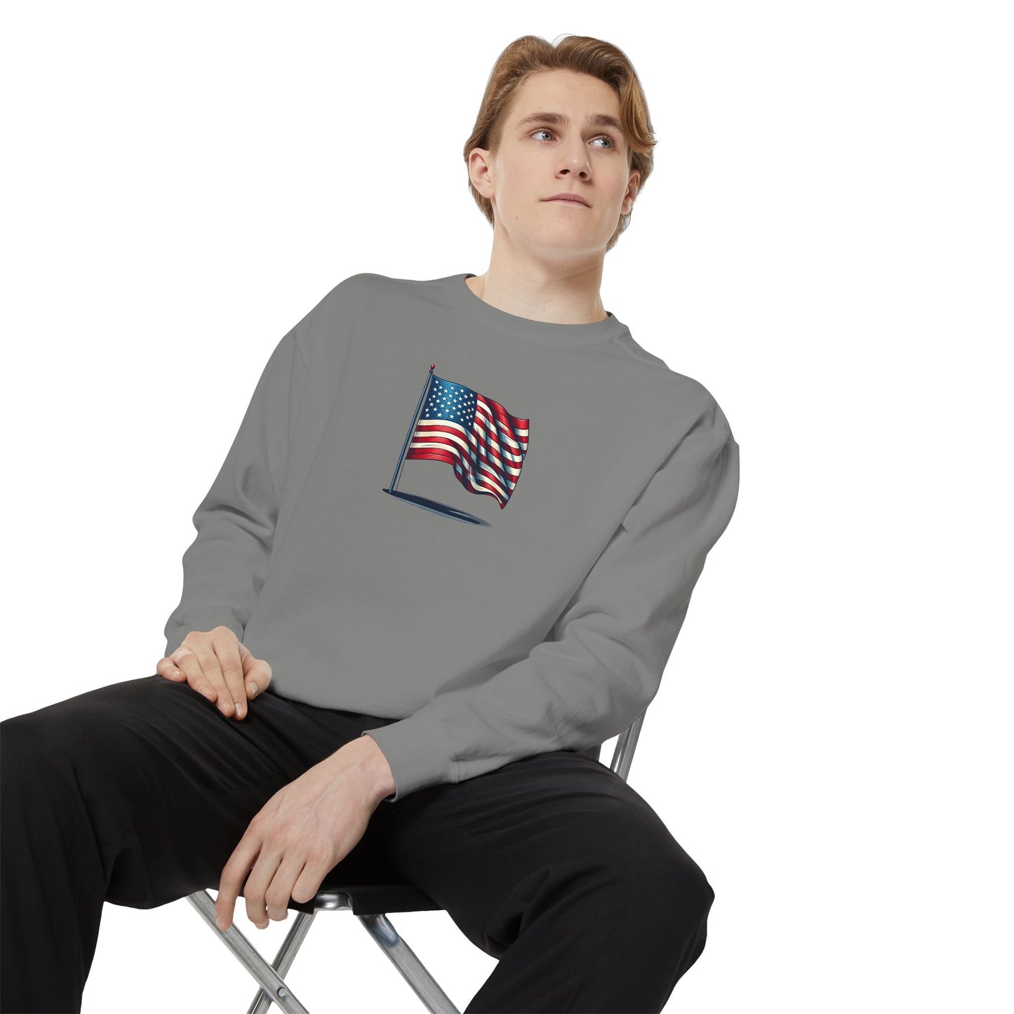 Patriotic Unisex Garment-Dyed Sweatshirt with Vintage American Flag, Cozy Fall Outfit, Statement Sweater, Gift for Veterans, Casual Fashion