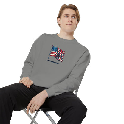 Patriotic Unisex Garment-Dyed Sweatshirt with Vintage American Flag, Cozy Fall Outfit, Statement Sweater, Gift for Veterans, Casual Fashion