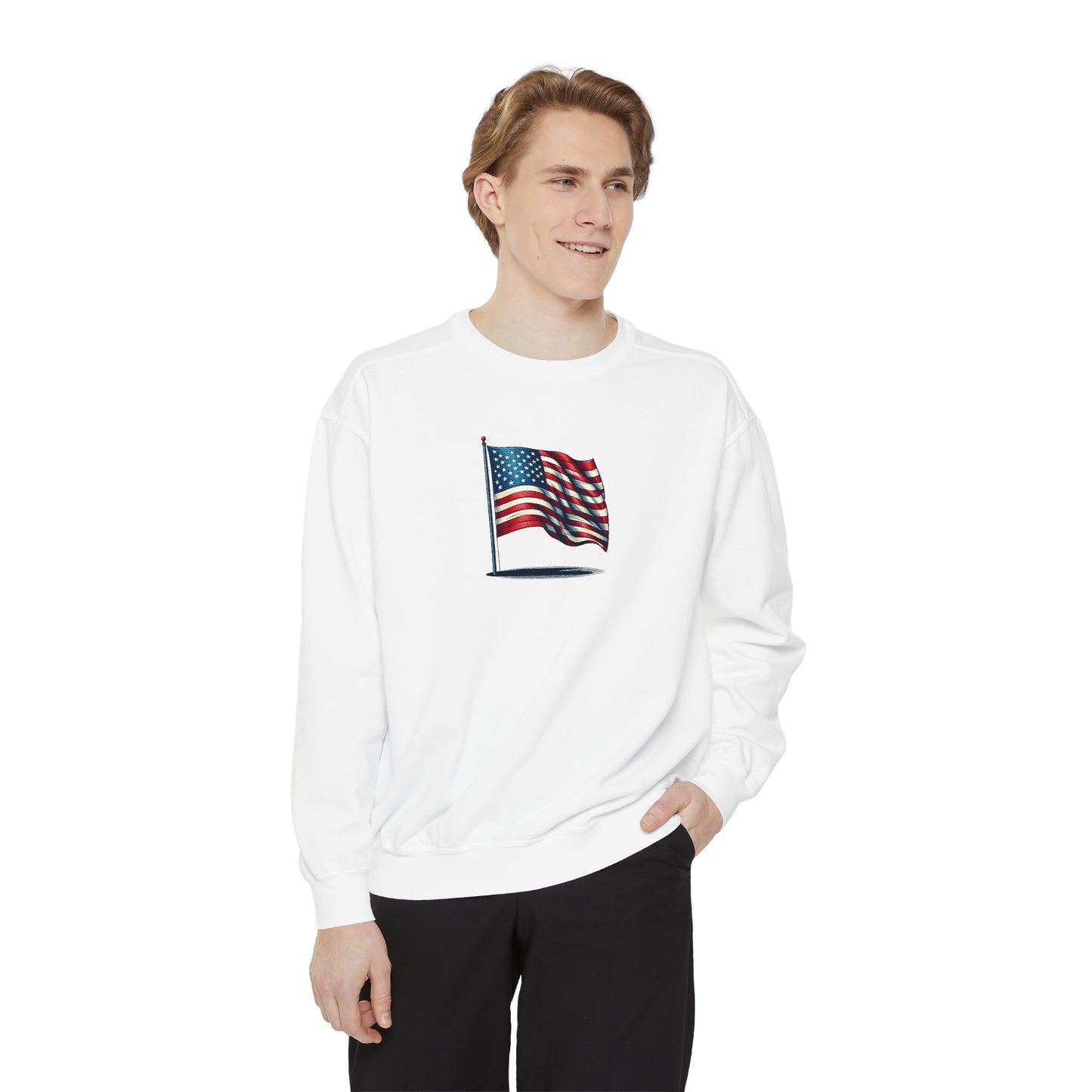 Patriotic Unisex Garment-Dyed Sweatshirt with Vintage American Flag, Cozy Fall Outfit, Statement Sweater, Gift for Veterans, Casual Fashion