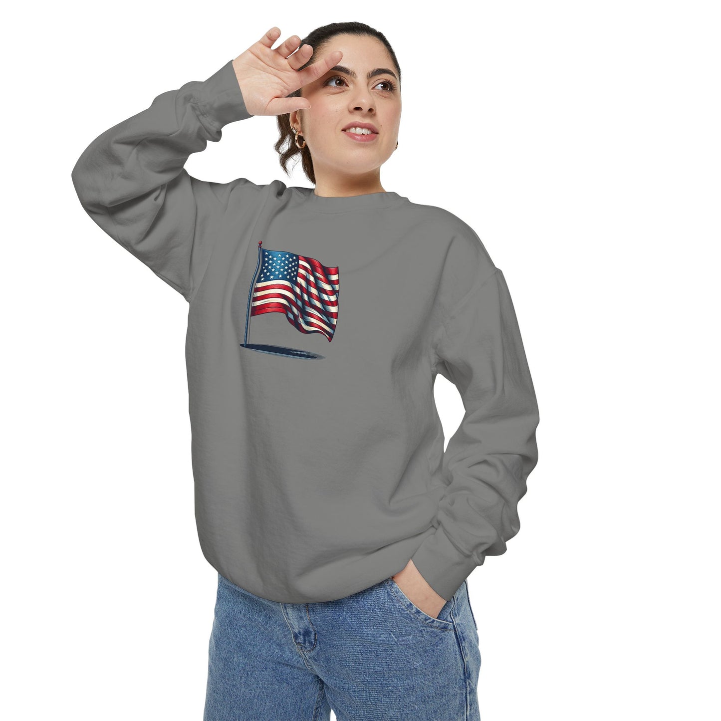 Patriotic Unisex Garment-Dyed Sweatshirt with Vintage American Flag, Cozy Fall Outfit, Statement Sweater, Gift for Veterans, Casual Fashion