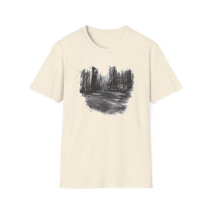 Unisex Softstyle T-Shirt with Abstract Landscape Art, Casual Wear, Gift for Art Lovers, Everyday Fashion, Nature Inspired Tee