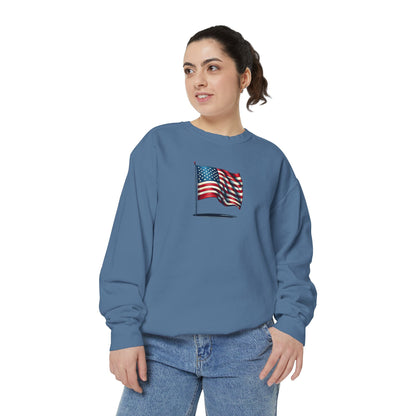 Patriotic Unisex Garment-Dyed Sweatshirt with Vintage American Flag, Cozy Fall Outfit, Statement Sweater, Gift for Veterans, Casual Fashion