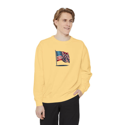 Patriotic Unisex Garment-Dyed Sweatshirt with Vintage American Flag, Cozy Fall Outfit, Statement Sweater, Gift for Veterans, Casual Fashion