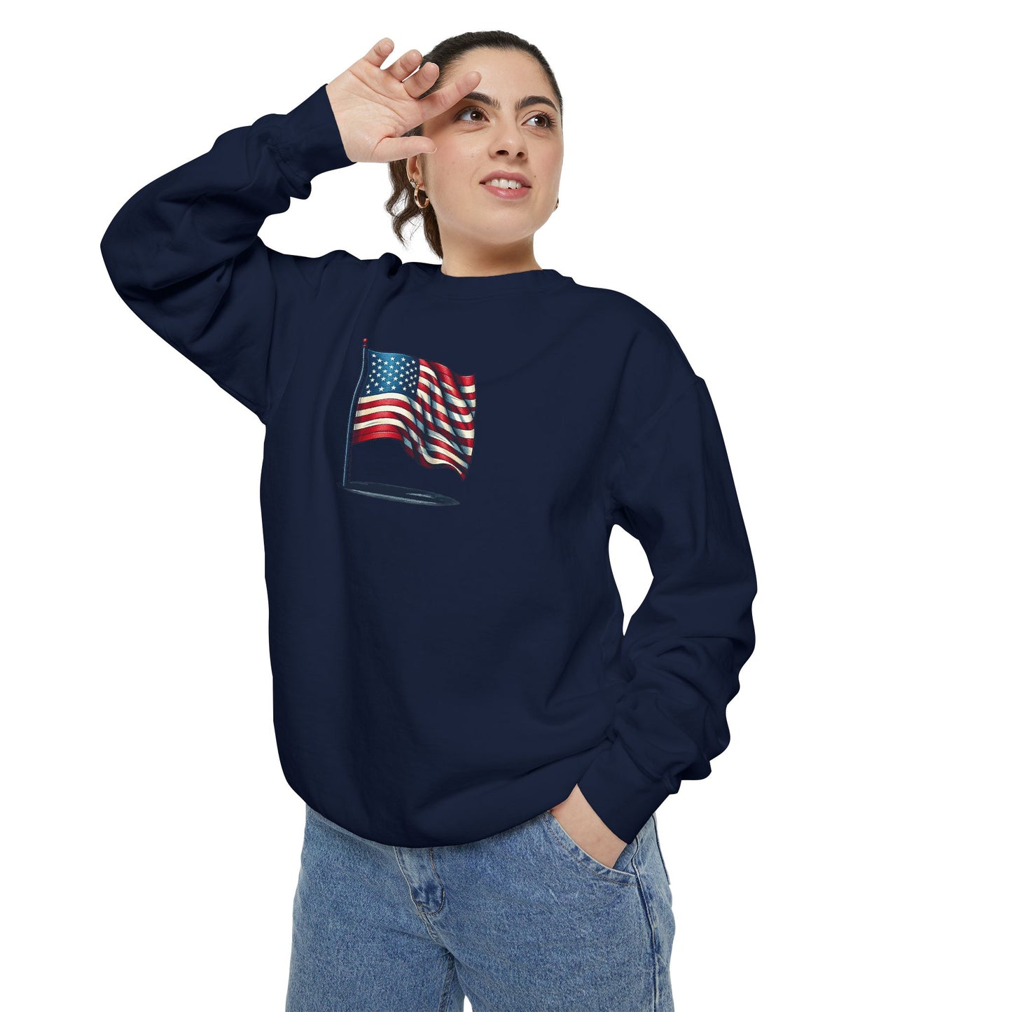 Patriotic Unisex Garment-Dyed Sweatshirt with Vintage American Flag, Cozy Fall Outfit, Statement Sweater, Gift for Veterans, Casual Fashion
