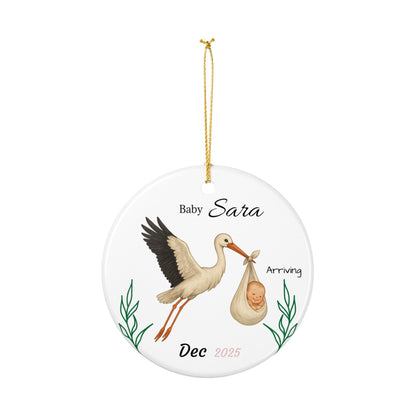 Stork with Baby, Personalized Name and Due Date Ornament Ceramic Ornament