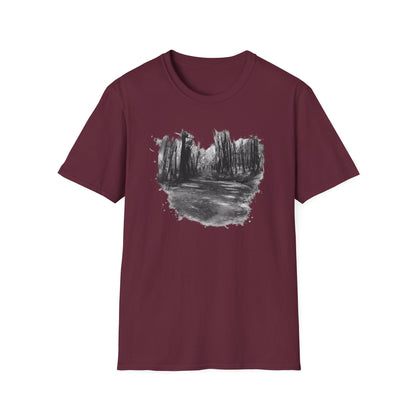 Unisex Softstyle T-Shirt with Abstract Landscape Art, Casual Wear, Gift for Art Lovers, Everyday Fashion, Nature Inspired Tee