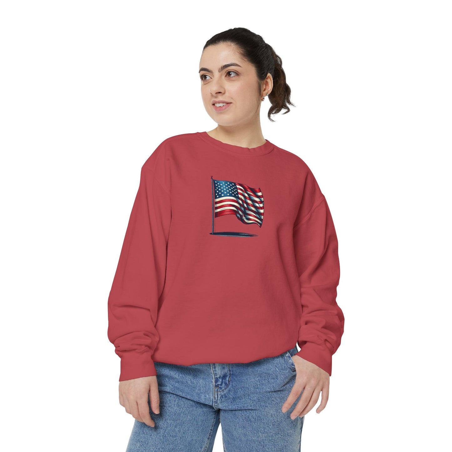 Patriotic Unisex Garment-Dyed Sweatshirt with Vintage American Flag, Cozy Fall Outfit, Statement Sweater, Gift for Veterans, Casual Fashion
