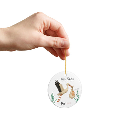 Stork with Baby, Personalized Name and Due Date Ornament Ceramic Ornament