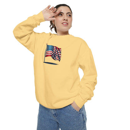 Patriotic Unisex Garment-Dyed Sweatshirt with Vintage American Flag, Cozy Fall Outfit, Statement Sweater, Gift for Veterans, Casual Fashion