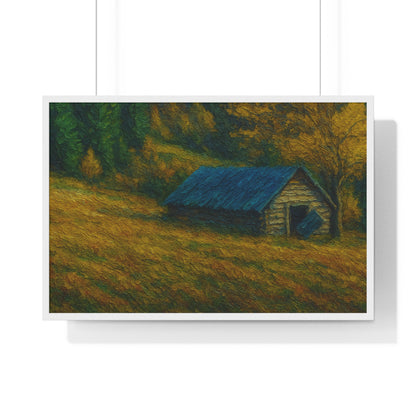 Rustic Cabin Framed Poster, Nature Wall Art, Cozy Home Decor, Gift for Farmhouse Lovers, Autumn Landscape Print
