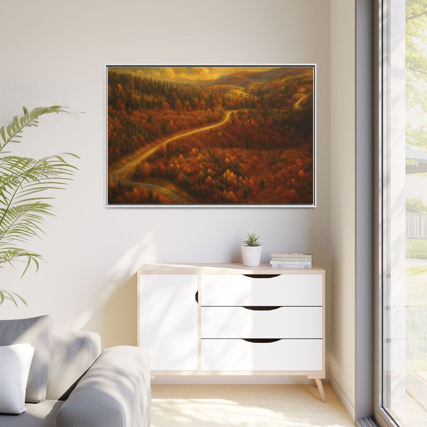 Autumn Landscape Framed Canvas Art, Cozy Home Decor, Warm Fall Vibes, Gift for Nature Lovers, Perfect for Thanksgiving