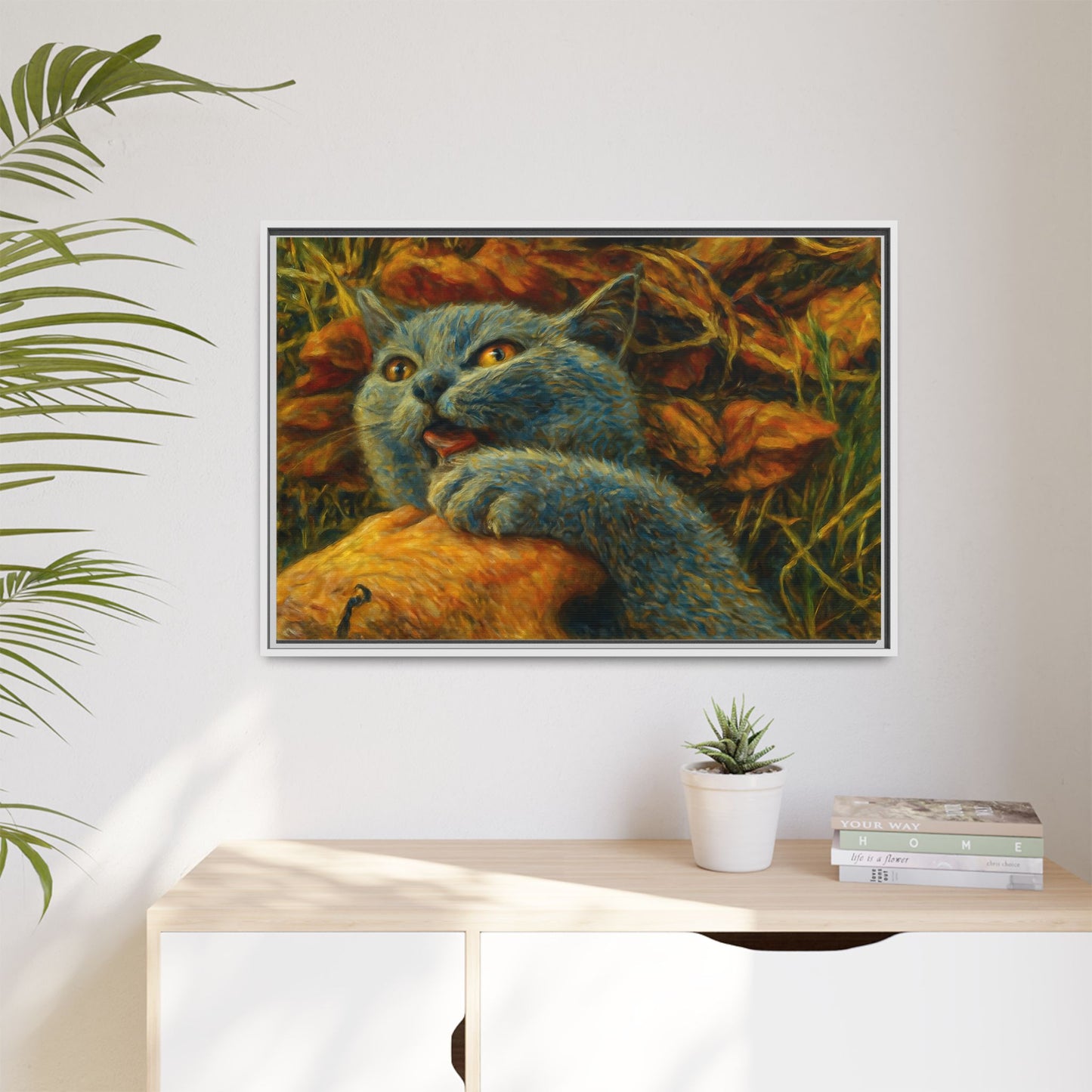 Whimsical Cat Wall Art, Blue Cat Framed Print, Colorful Canvas Decor, Pet Lover Gift, Funny Home Accent