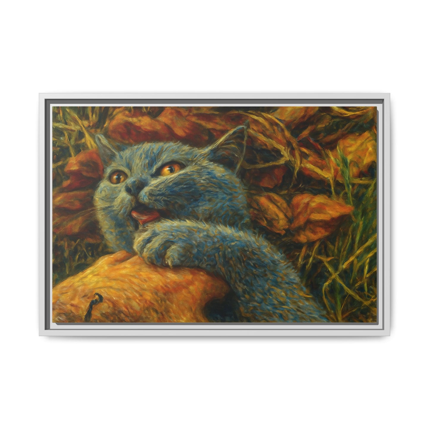 Whimsical Cat Wall Art, Blue Cat Framed Print, Colorful Canvas Decor, Pet Lover Gift, Funny Home Accent