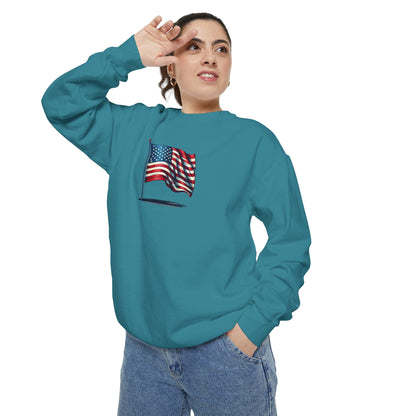 Patriotic Unisex Garment-Dyed Sweatshirt with Vintage American Flag, Cozy Fall Outfit, Statement Sweater, Gift for Veterans, Casual Fashion
