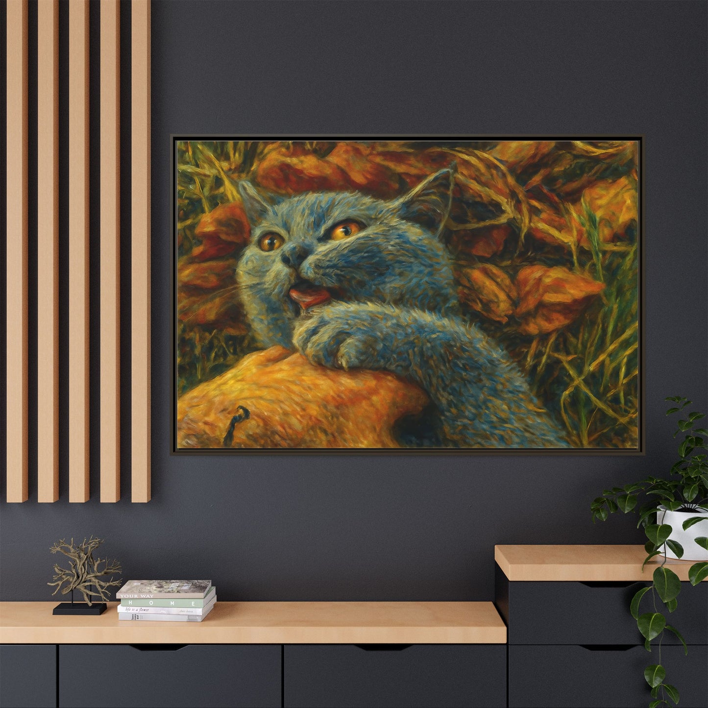 Whimsical Cat Wall Art, Blue Cat Framed Print, Colorful Canvas Decor, Pet Lover Gift, Funny Home Accent