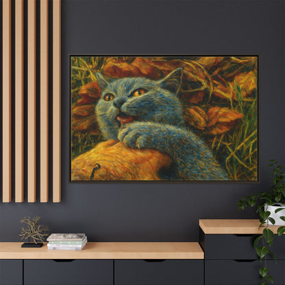 Whimsical Cat Wall Art, Blue Cat Framed Print, Colorful Canvas Decor, Pet Lover Gift, Funny Home Accent