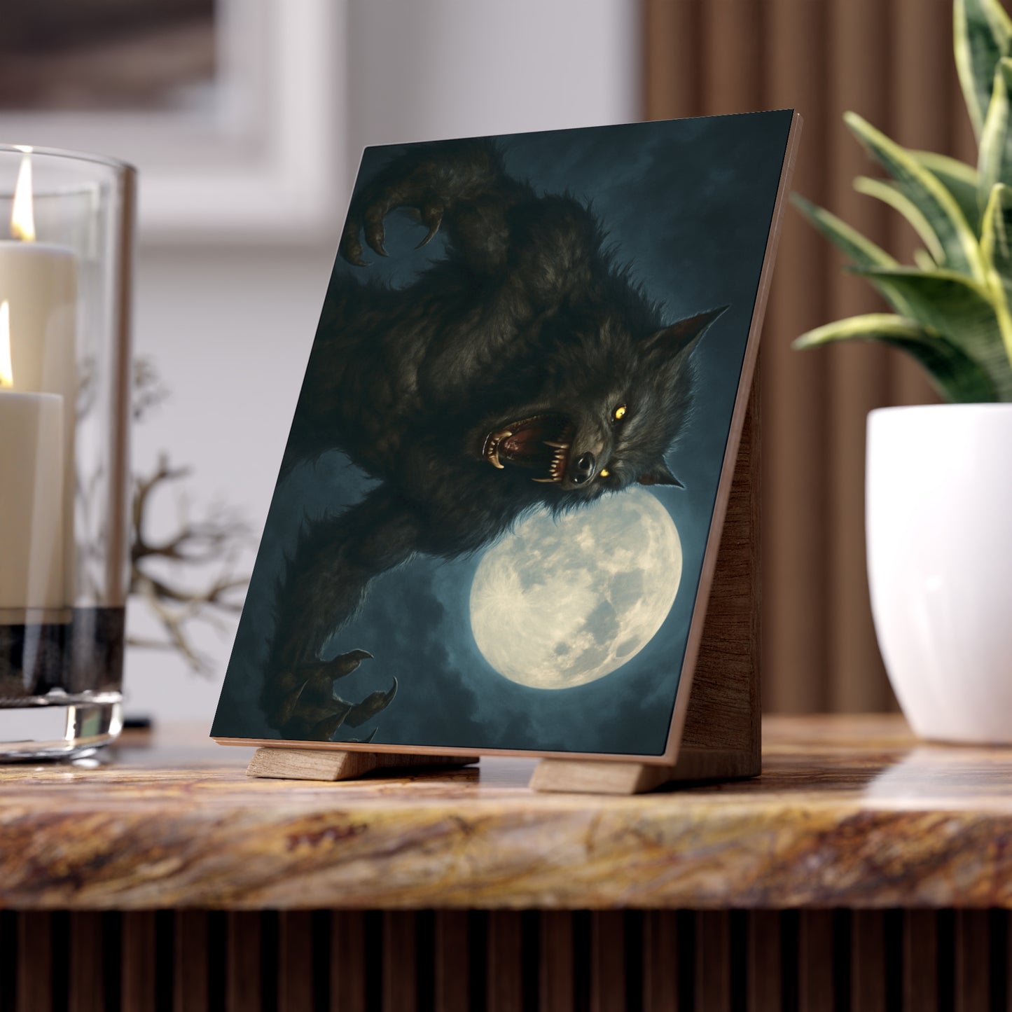 Werewolf Ceramics Decor, Unique Wolf Moon Tile, Gothic Home Accents, Halloween Gift, Dark Art Decoration, Spooky Wall Art