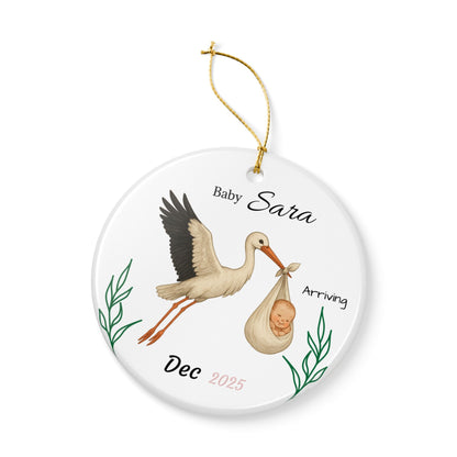 Stork with Baby, Personalized Name and Due Date Ornament Ceramic Ornament