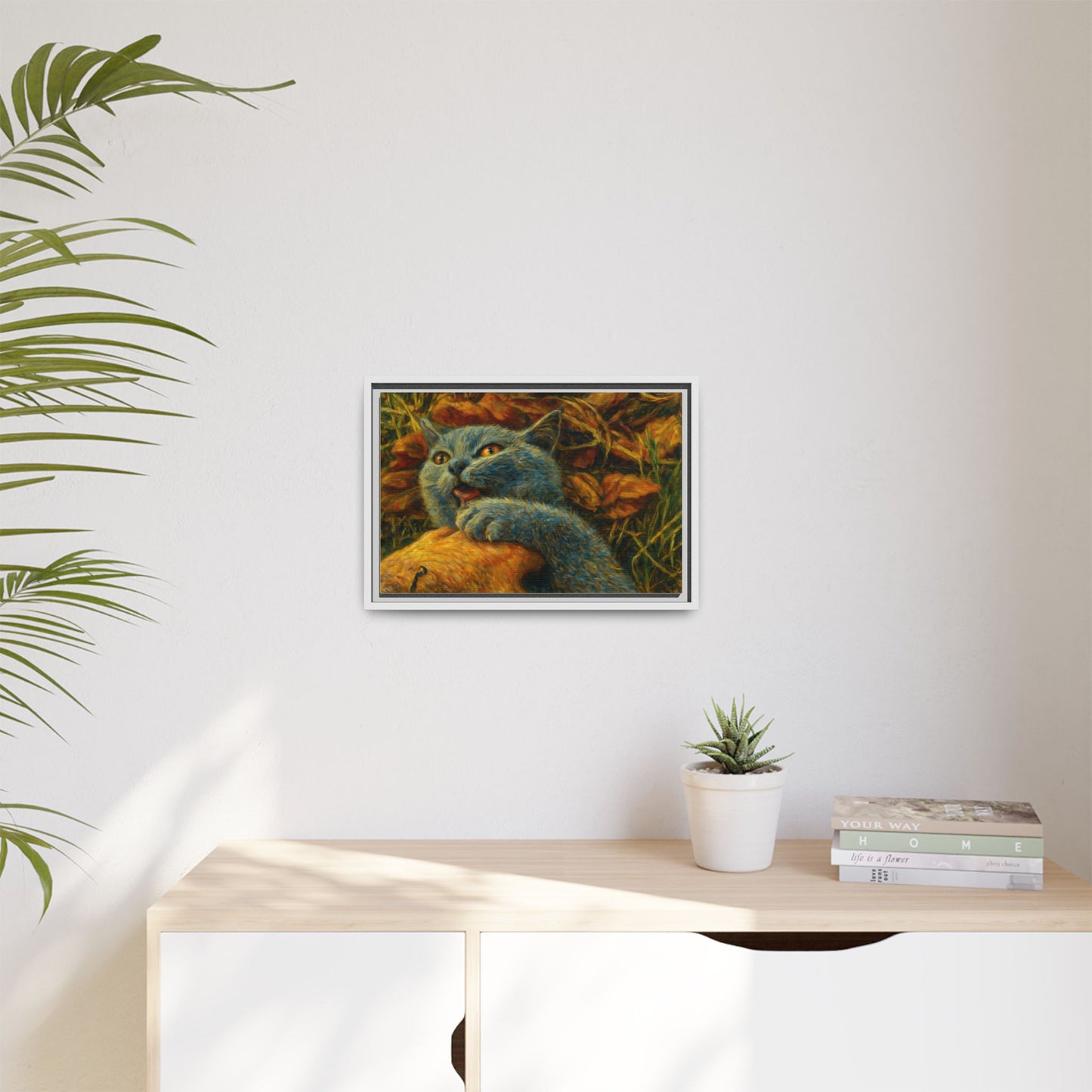 Whimsical Cat Wall Art, Blue Cat Framed Print, Colorful Canvas Decor, Pet Lover Gift, Funny Home Accent