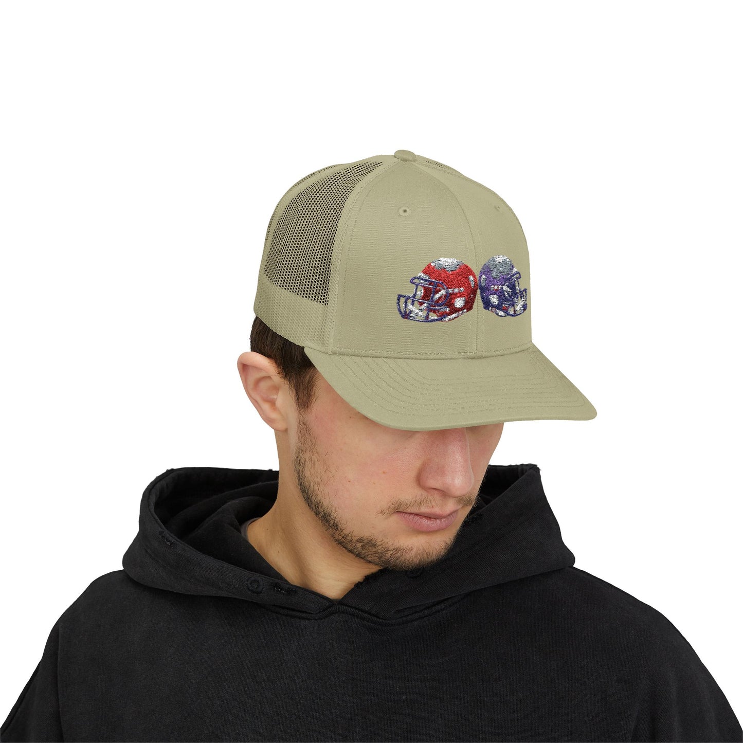 Sporty Snapback Trucker Cap with Football Helmets, Baseball Cap, Outdoor Activity Hat, Gift for Sports Fans, Team Spirit Wear