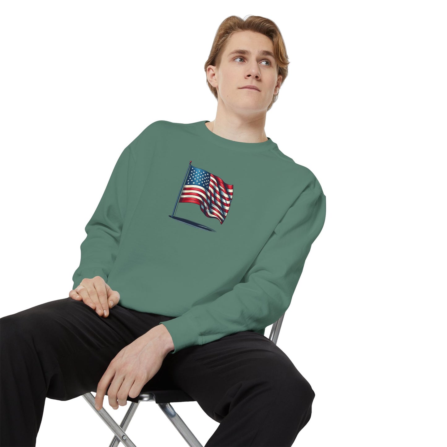 Patriotic Unisex Garment-Dyed Sweatshirt with Vintage American Flag, Cozy Fall Outfit, Statement Sweater, Gift for Veterans, Casual Fashion