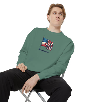 Patriotic Unisex Garment-Dyed Sweatshirt with Vintage American Flag, Cozy Fall Outfit, Statement Sweater, Gift for Veterans, Casual Fashion