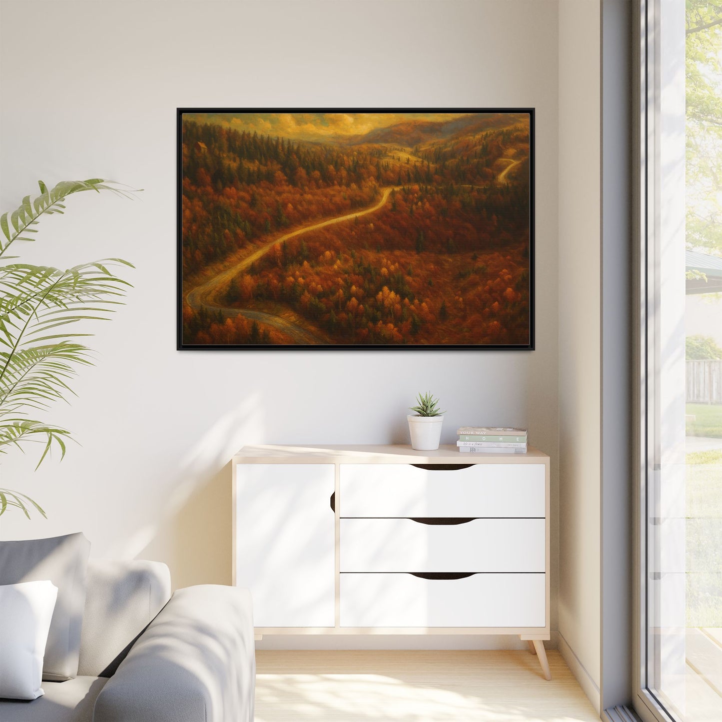 Autumn Landscape Framed Canvas Art, Cozy Home Decor, Warm Fall Vibes, Gift for Nature Lovers, Perfect for Thanksgiving