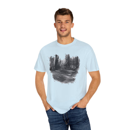 Artistic Forest Scene T-shirt | Nature Lover Gift, Outdoor Adventure Tee, Eco-Friendly Fashion, Vintage Inspired Clothing, Unisex Gift