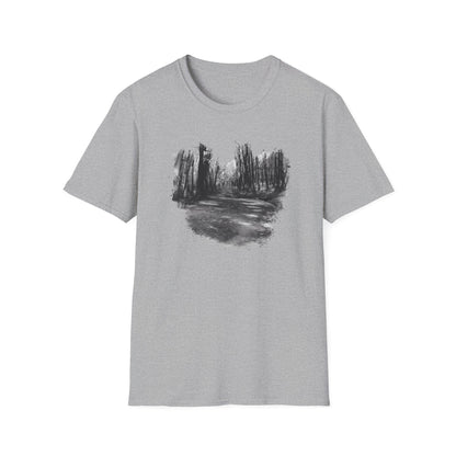 Unisex Softstyle T-Shirt with Abstract Landscape Art, Casual Wear, Gift for Art Lovers, Everyday Fashion, Nature Inspired Tee