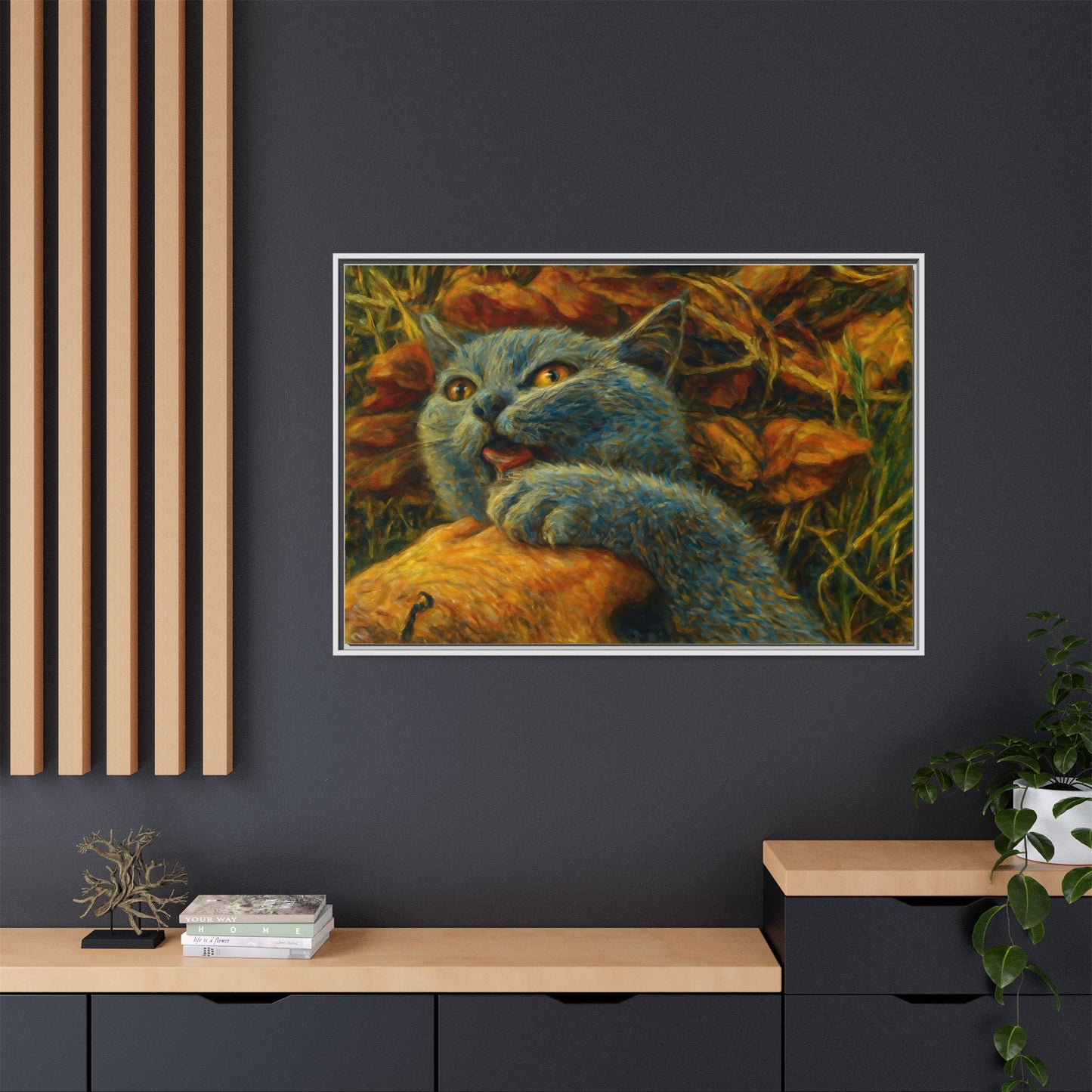 Whimsical Cat Wall Art, Blue Cat Framed Print, Colorful Canvas Decor, Pet Lover Gift, Funny Home Accent