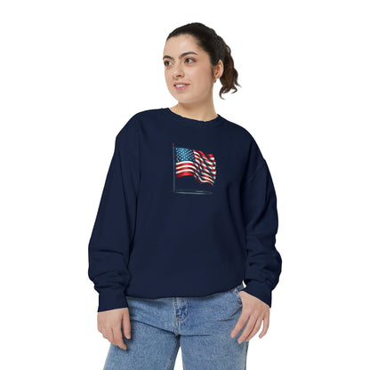 Patriotic Unisex Garment-Dyed Sweatshirt with Vintage American Flag, Cozy Fall Outfit, Statement Sweater, Gift for Veterans, Casual Fashion