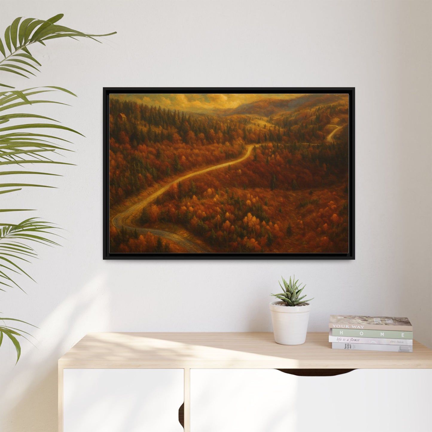 Autumn Landscape Framed Canvas Art, Cozy Home Decor, Warm Fall Vibes, Gift for Nature Lovers, Perfect for Thanksgiving