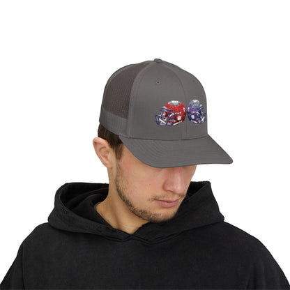 Sporty Snapback Trucker Cap with Football Helmets, Baseball Cap, Outdoor Activity Hat, Gift for Sports Fans, Team Spirit Wear