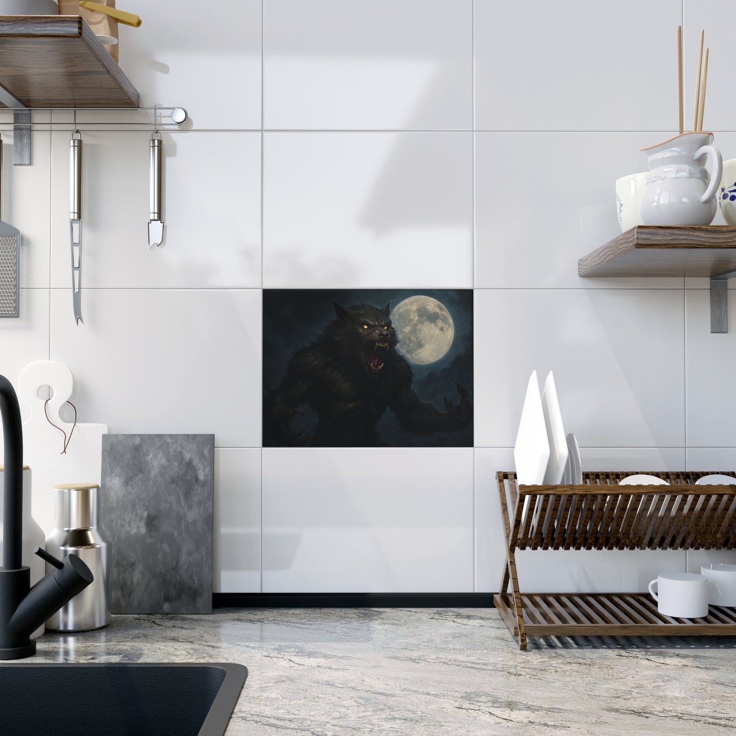 Werewolf Ceramics Decor, Unique Wolf Moon Tile, Gothic Home Accents, Halloween Gift, Dark Art Decoration, Spooky Wall Art