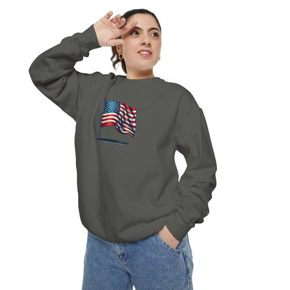 Patriotic Unisex Garment-Dyed Sweatshirt with Vintage American Flag, Cozy Fall Outfit, Statement Sweater, Gift for Veterans, Casual Fashion
