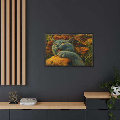 Whimsical Cat Wall Art, Blue Cat Framed Print, Colorful Canvas Decor, Pet Lover Gift, Funny Home Accent