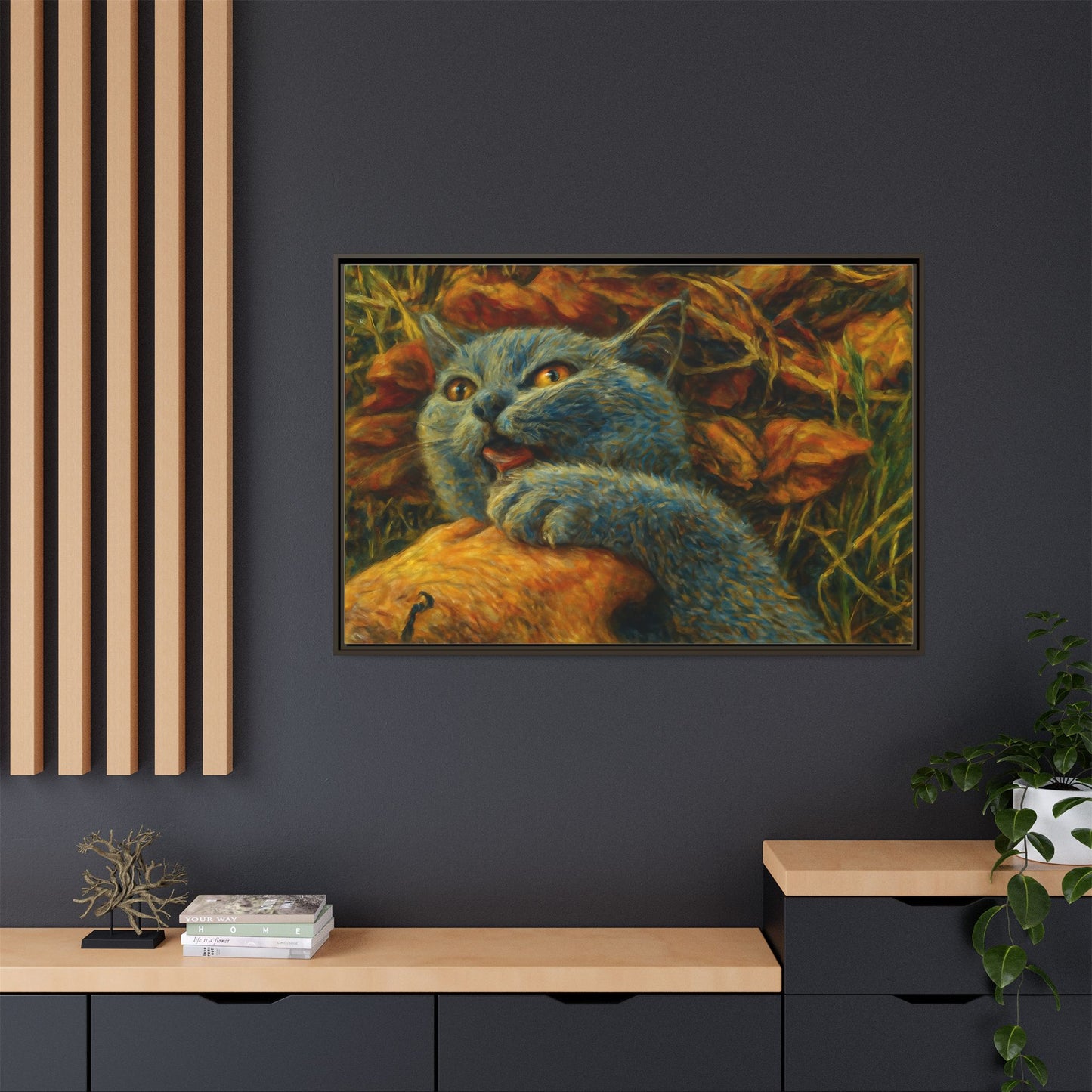 Whimsical Cat Wall Art, Blue Cat Framed Print, Colorful Canvas Decor, Pet Lover Gift, Funny Home Accent